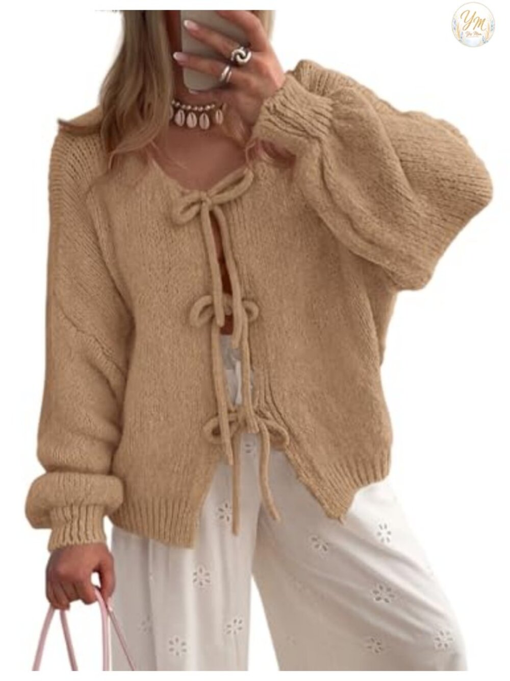 Tie Front Bow Cardigan Sweater - Cable Knit Puff Sleeve